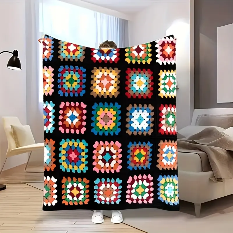 Granny Square Double-Sided Flannel Blanket - Vintage Crochet Retro Floral Patchwork Soft Durable Throw, Farmhouse Vibes Home Decor for Couch, Thoughtful Gift for Women, Home & Outdoors AC Room Use