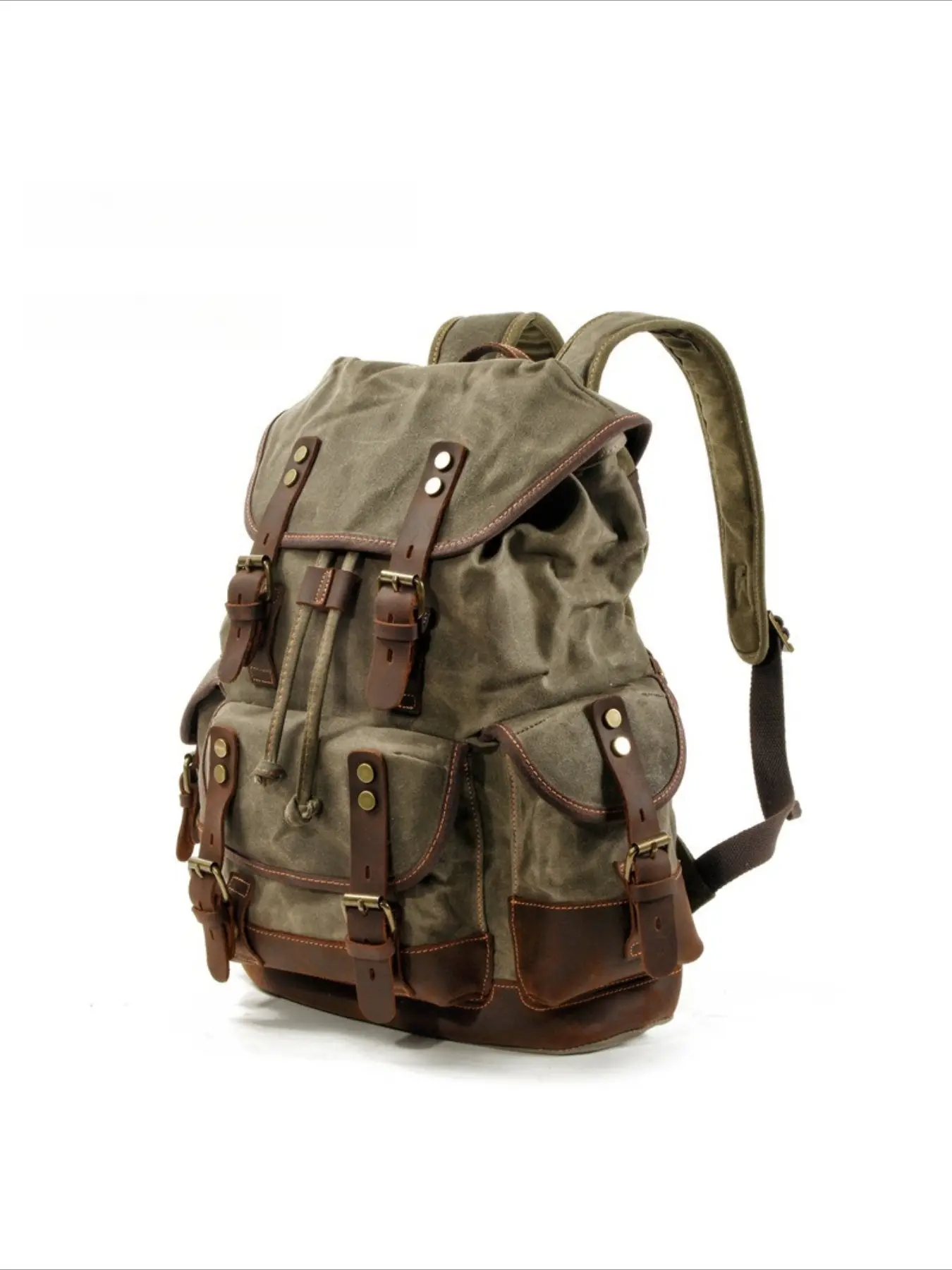 Vintage Waxed Canvas Backpack for Men and Women, Retro Cowhide Leather Trim Rucksack with Drawstring Flip-Top, Multiple Pockets, Large Capacity, Padded Shoulder Straps, Fits 15 Inch Laptop and Books, Ideal for Travel Camping Hiking Daily Use