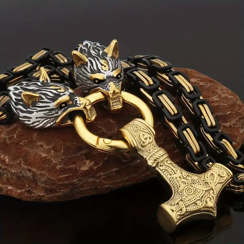 Male Exquisite Vintage Wolf Head Necklace - Stainless Steel Nordic Viking Hammer Amulet, 60cm/23.62inch Casual Chain & Link Costume Jewelry for Men to Enhance Overall Look, Pendant, Retro, No, Metal Coating, Fashion Pendant Necklace, Chain Necklaces