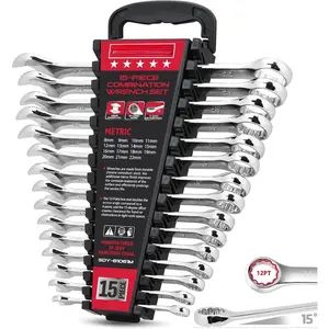 15-Piece Metric Combination Wrench Set, 8–22mm 12-Point Open End and Box End Wrench Kit with Organizer, Chrome Vanadium Steel Tools for Mechanics, Garages and Workshops