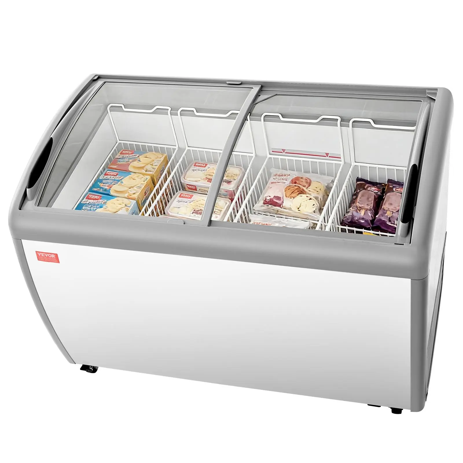 VEVOR Commercial Ice Cream Display Case for Commercial Users, 12.8 Cu. Ft. Larger Size Rectangular Chest Freezer with Steel Plate, -19 to 3 Temp Control, Mobile Top Deep Freezer, 4 Wire Baskets, 2 Sliding Glass Doors, Locking Casters, LED Strip Lighting