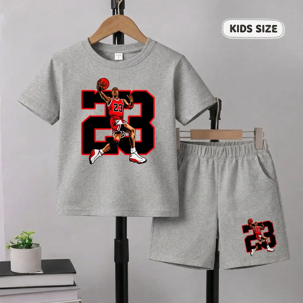 Boys’ No.23 Player Printed Design Short Sleeve T-Shirt And Shorts Set, Casual Kids Summer Outfit, Comfortable Crew Neck Clothing Set For Daily Wear And Outdoor Play