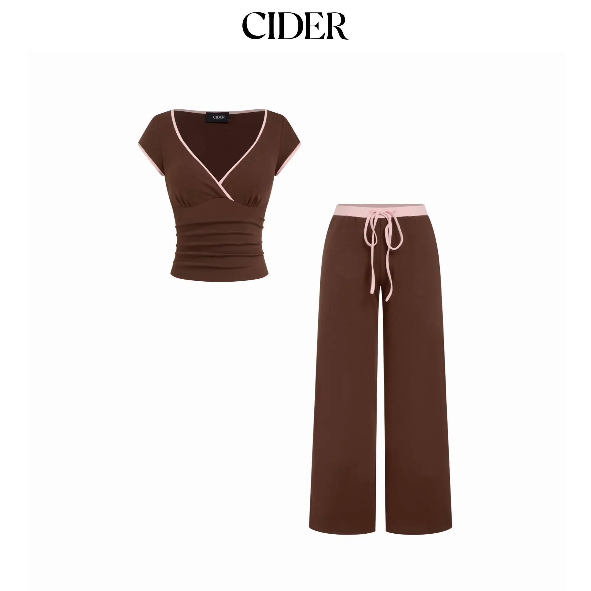 Cider Cotton-blend V-neck Two Tone Top & Mid Rise Drawstring Straight Leg Trousers Set SohoChic