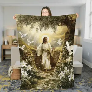 Jesus with Doves and Lilies Soft Fleece Blanket - Inspirational Religious Christian Decor for Bed and Sofa