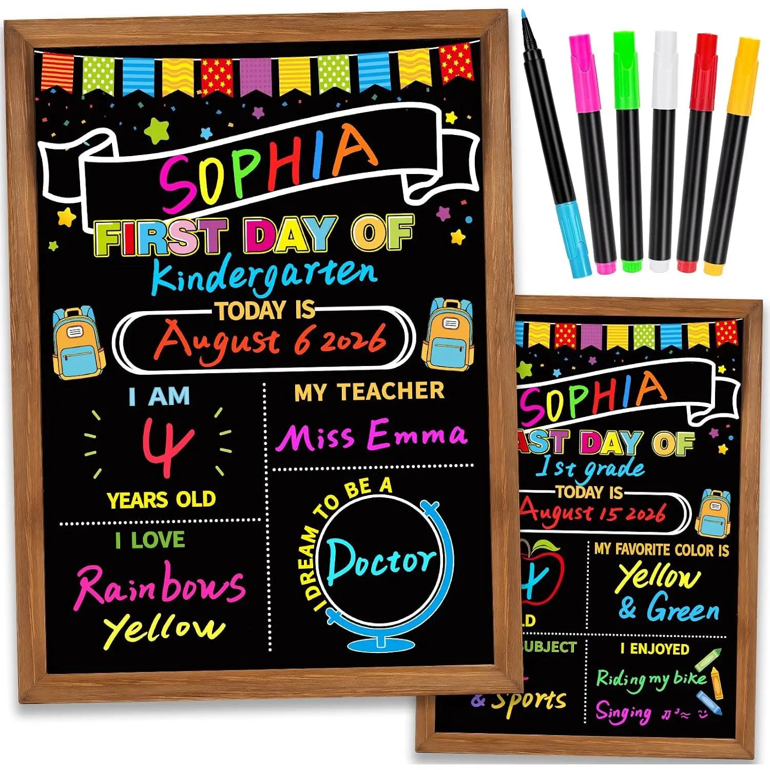 of School Sign Board with 6 Liquid Chalk Markers, Double-Sided | 14"x10.5"  Board, My First and Last Day,  to School Supplies,  of  ,  Photo