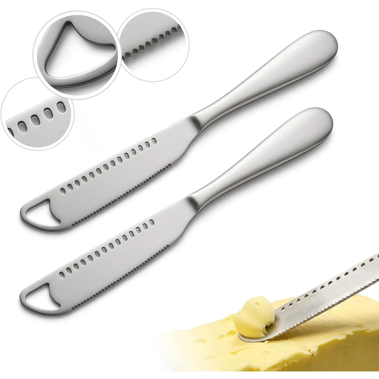 2 Pack Stainless Steel Butter Knife Set - 3 in 1 Butter Spreader Knife, Butter Knives with Cold Butter Curler & Cheese Slicer
