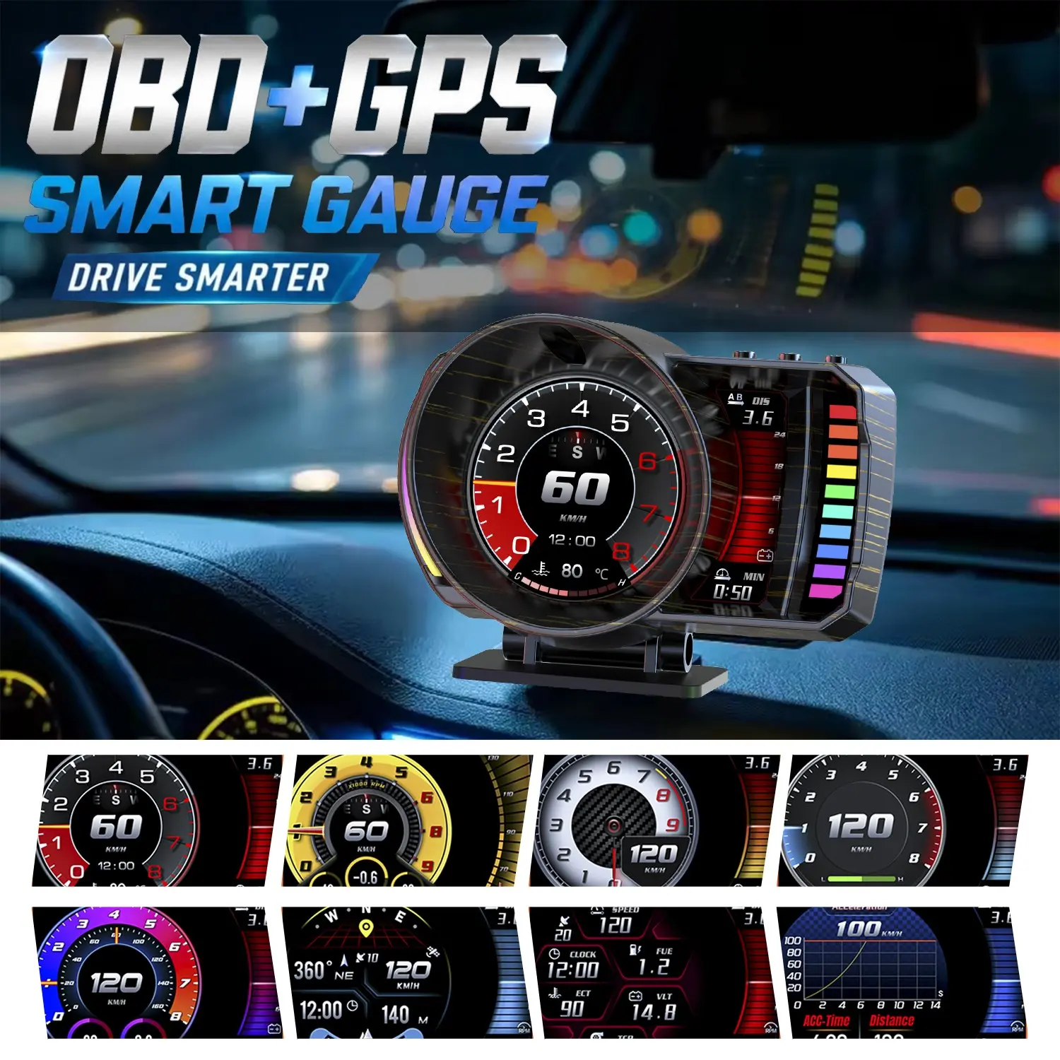 P28 Car Head-Up Display, Obd2 + GPS Smart Dual System, Digital Speedometer, Obd2 Dashboard, Tachometer, Voltmeter, Water Temperature Gauge