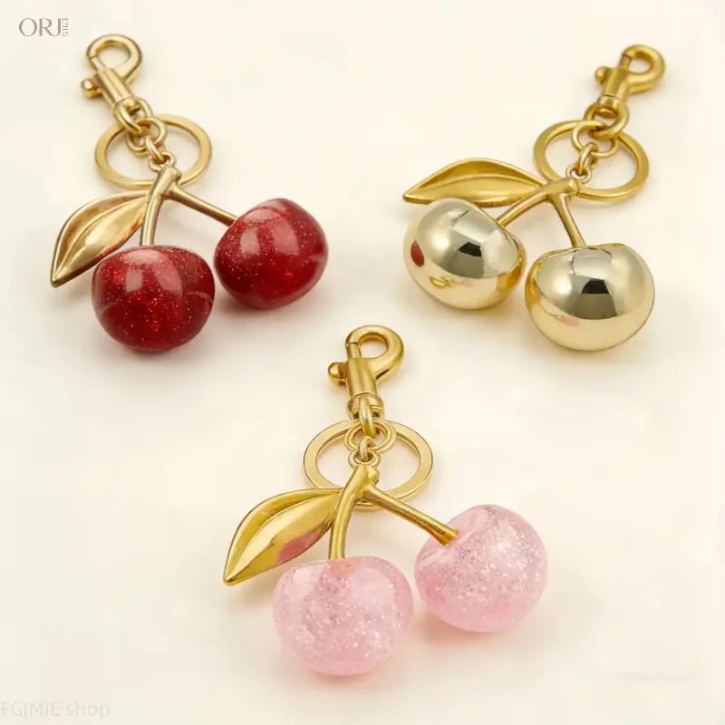 Cute Cherry Bag Charms, 3-Piece Set with Gold-Tone & Glitter Finish, Fashionable Keychain Accessories for Women's Handbags & Purses,leather,goods,handmade,backpack,Personalized,Boyfriend,wristlet,,reel,necklace,,gym,,al,Christmas,Themed,Labubu,plush,bunny