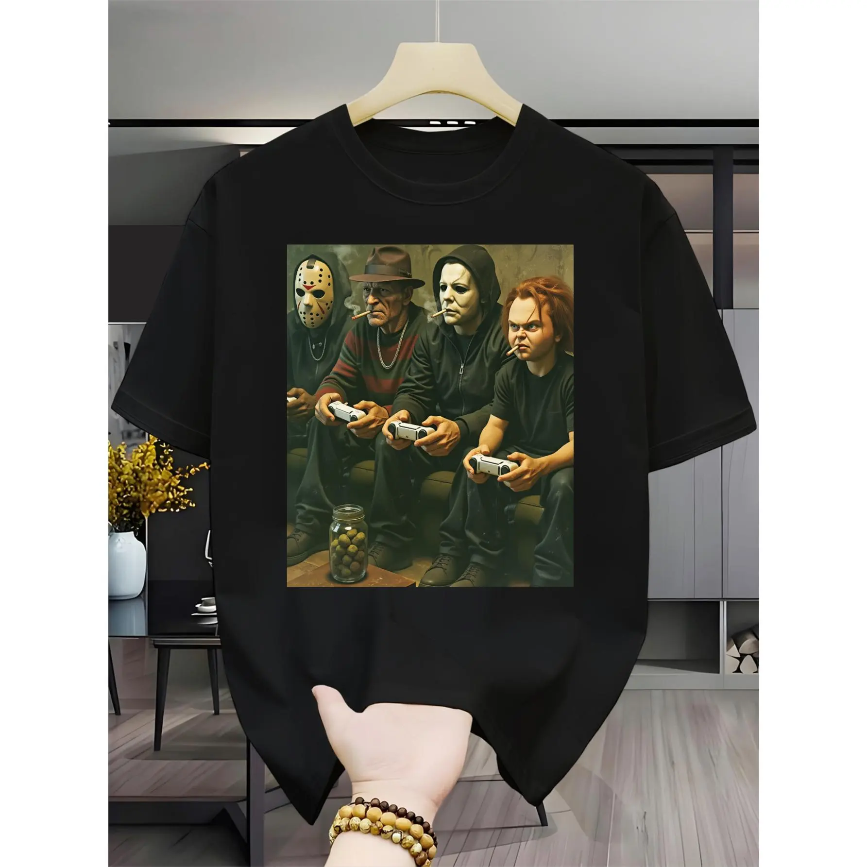 Halloween Characters Play Video Games Together Men'S Casual Short-Sleeve Crew Neck T-Shirt Outdoor Short-Sleeve Casual Breathable T-Shirt High-Quality Printed Crew Neck Slightly Stretchy T-Shirt Easy to Care for Versatile Top Suitable for Eas,ropa,fitness