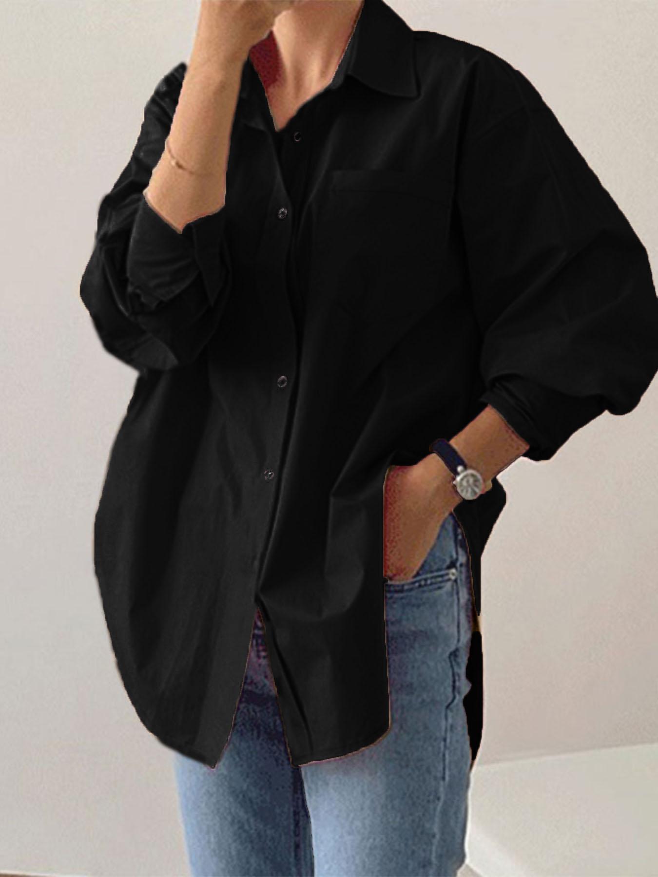 Women's Plain Button Front Drop Shoulder Shirt Blouse, Casual Loose Long Sleeve Collared Top for Fall & Winter, Quality & Durable Women's Clothing for Daily Wear