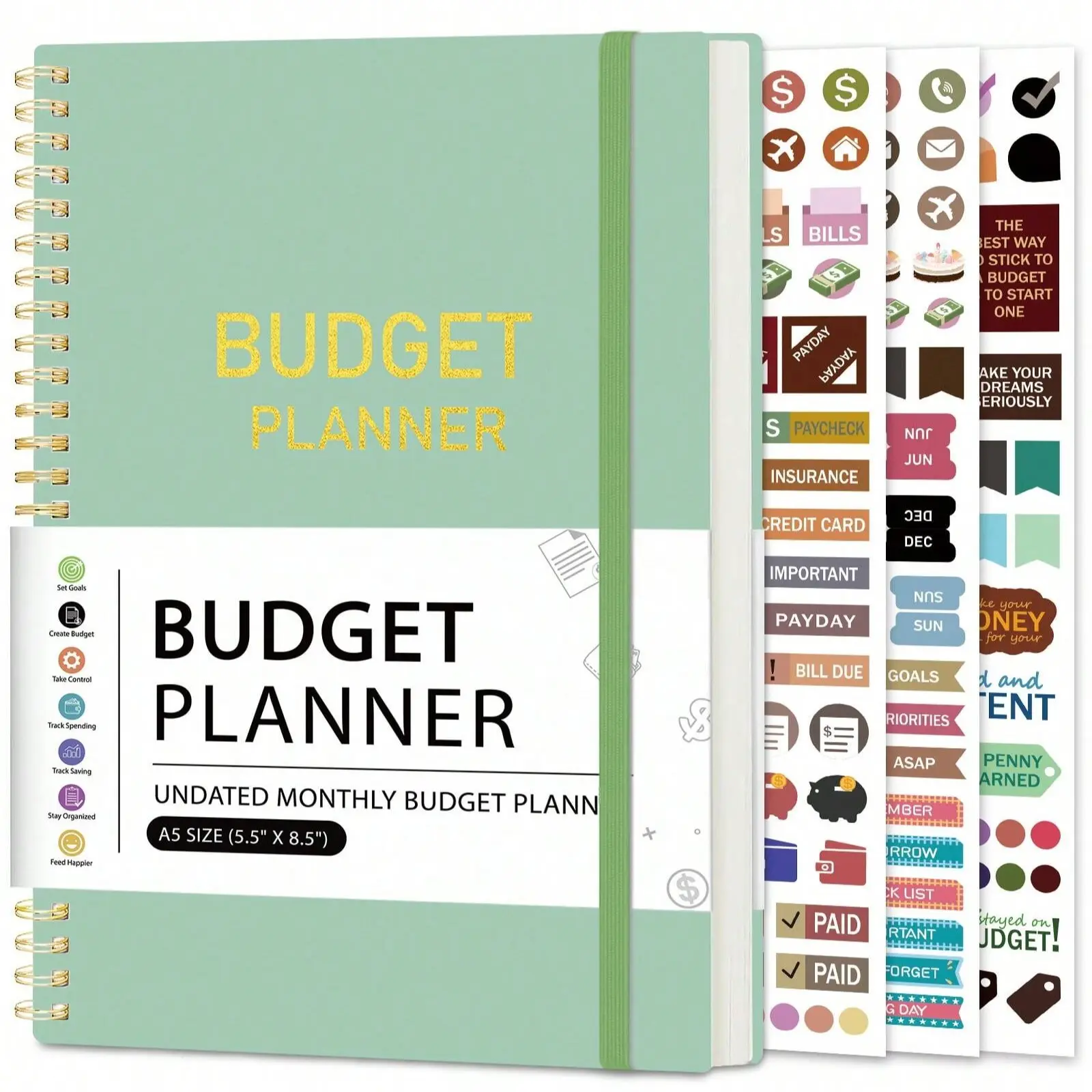 A5 Budget Planner Notebook with Stickers, Monthly Income Expense Tracker, Family Bill Savings Goal Manager, Handheld Journal