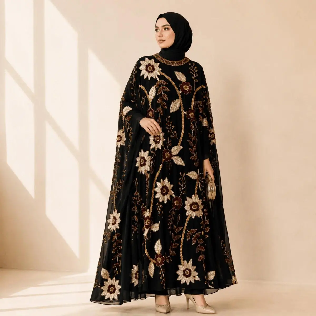 Embroidered Pearl Floral Abaya with Draped Batwing Sleeves(MA453)