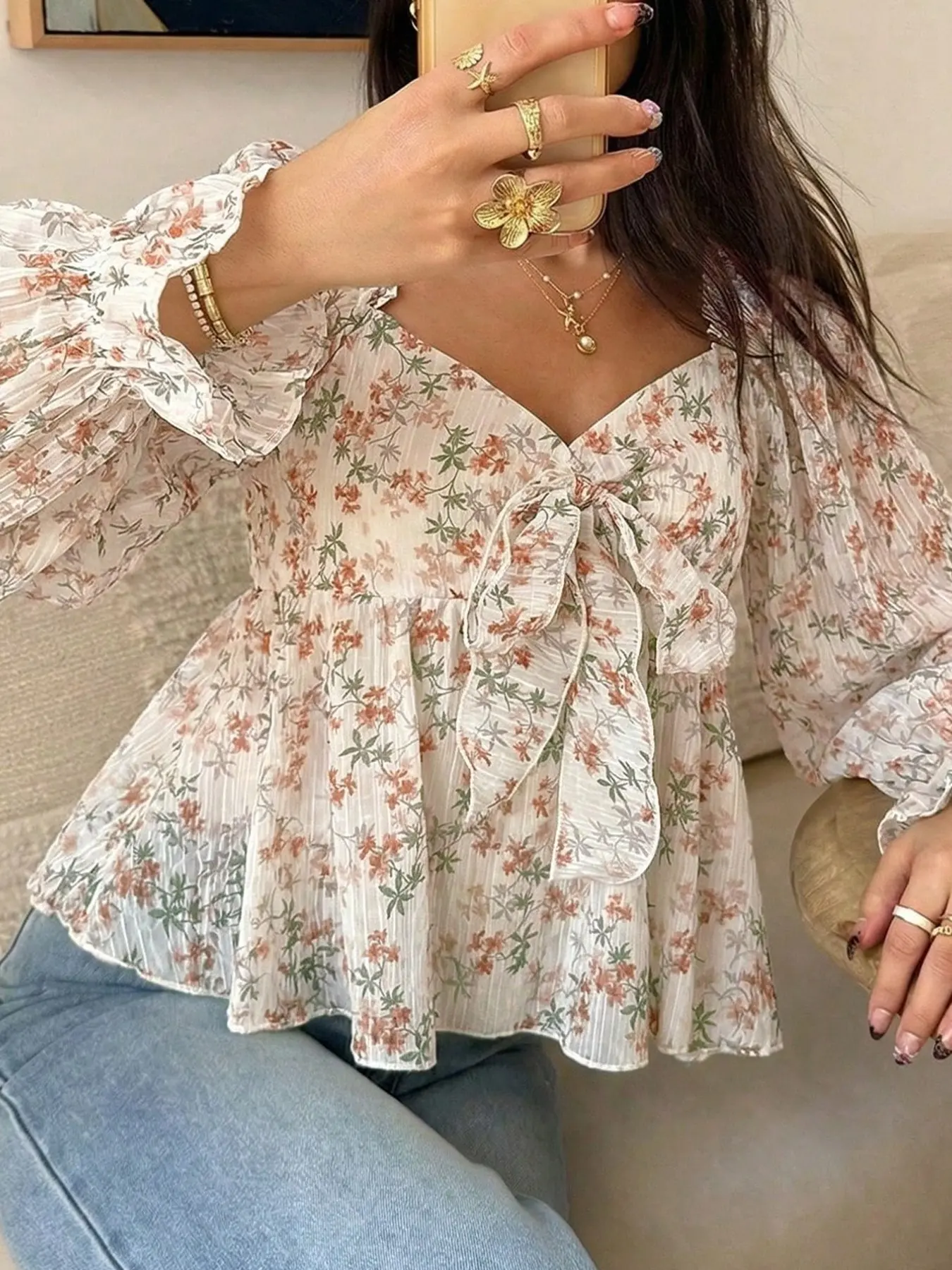 Women's Floral Print V-Neck Shirt, Bow Ruffle Bubble Long Sleeve Top, Boho Style Loose Fit Blouse, Perfect for Tea Time, Dates, Casual