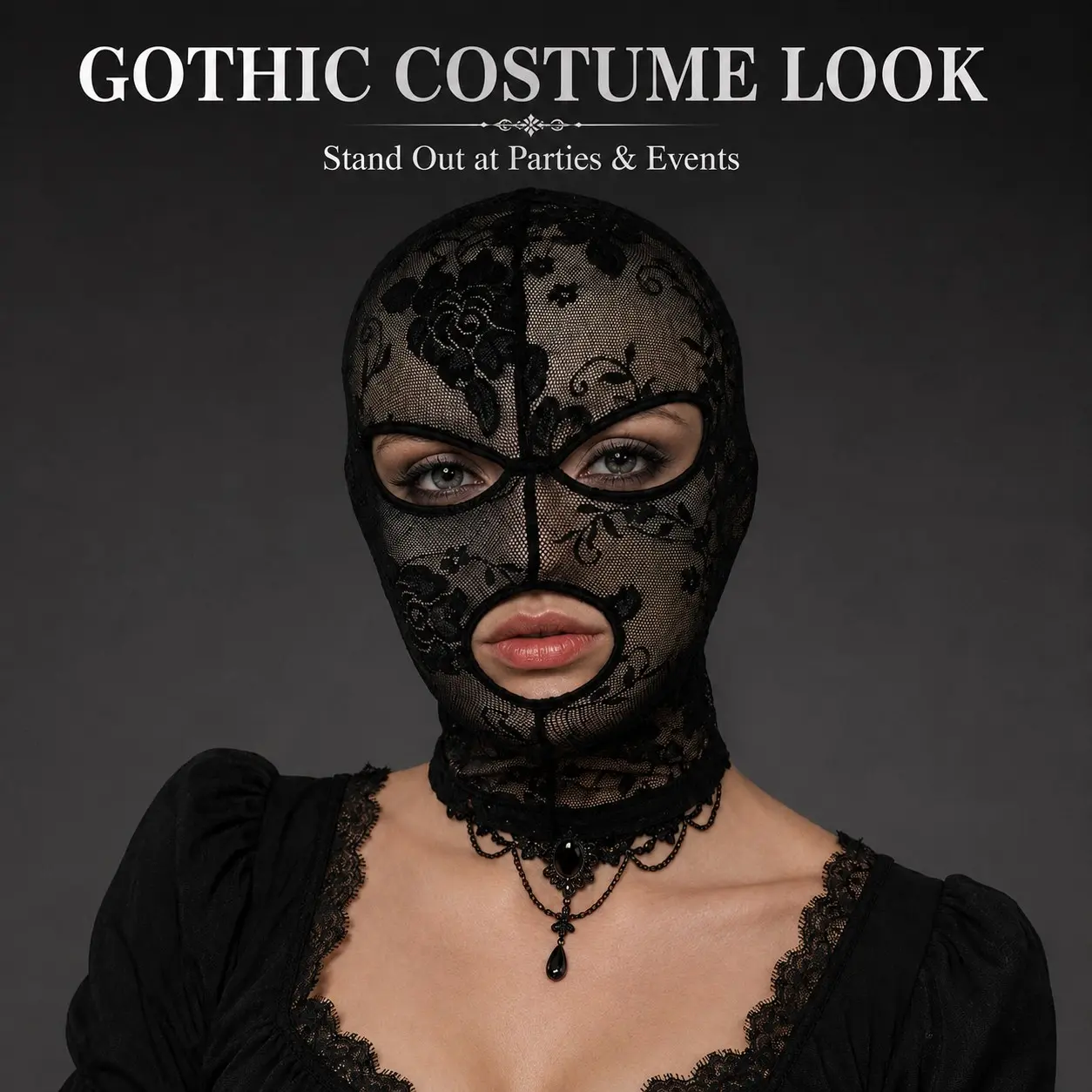 Halloween Gothic Lace Full Face Mask, Stretch Mesh Hood Costume Accessory, Eye & Mouth Openings, Cosplay Party Masquerade, Mask Design