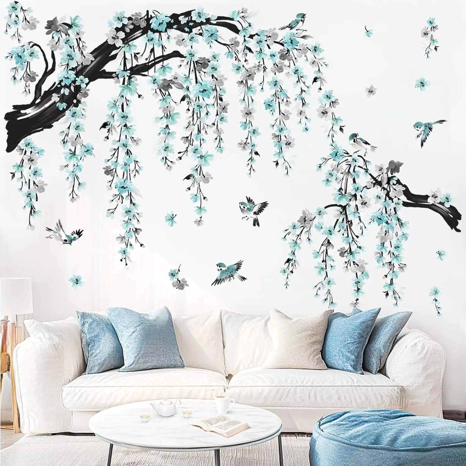 Large Watercolor Flower Branch Wall Stickers Blue Blossom Tree Branches Peel and Stick Wall Art  for Living Room Bedroom TV Wall