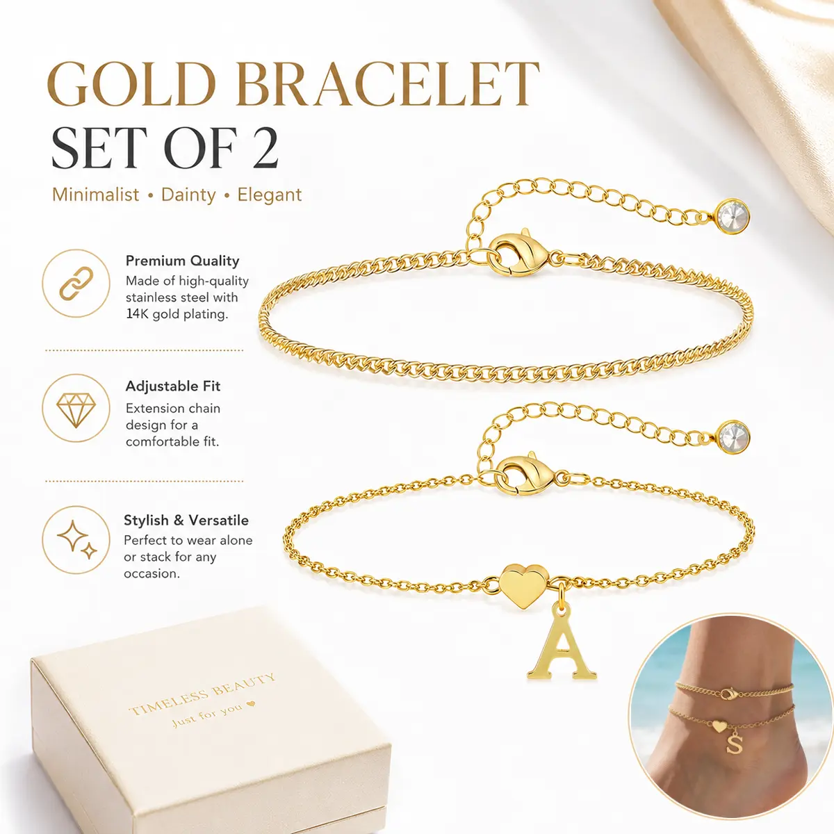 14K Gold Plated Letter A-Z Anklet Bracelets, 2Pcs Charm Women Inlaid Shiny Heart Cubic Pendant Anklets Chain Dainty Layered Letter Pendant Waterproof Cuban Foot Chain Non Tarnish Summer Jewelry Holiday Gift