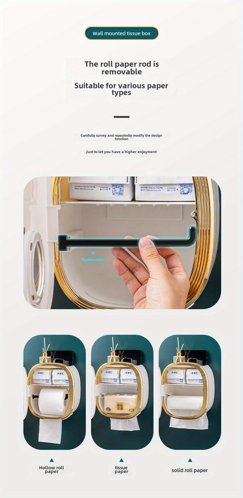 OTEN Large Capacity Double-layer Waterproof Tissue Storage Box Wall Mounted Plastic Roll Paper Holder Non Perforated Design with Storage Compartment Home Goods Installation Golden