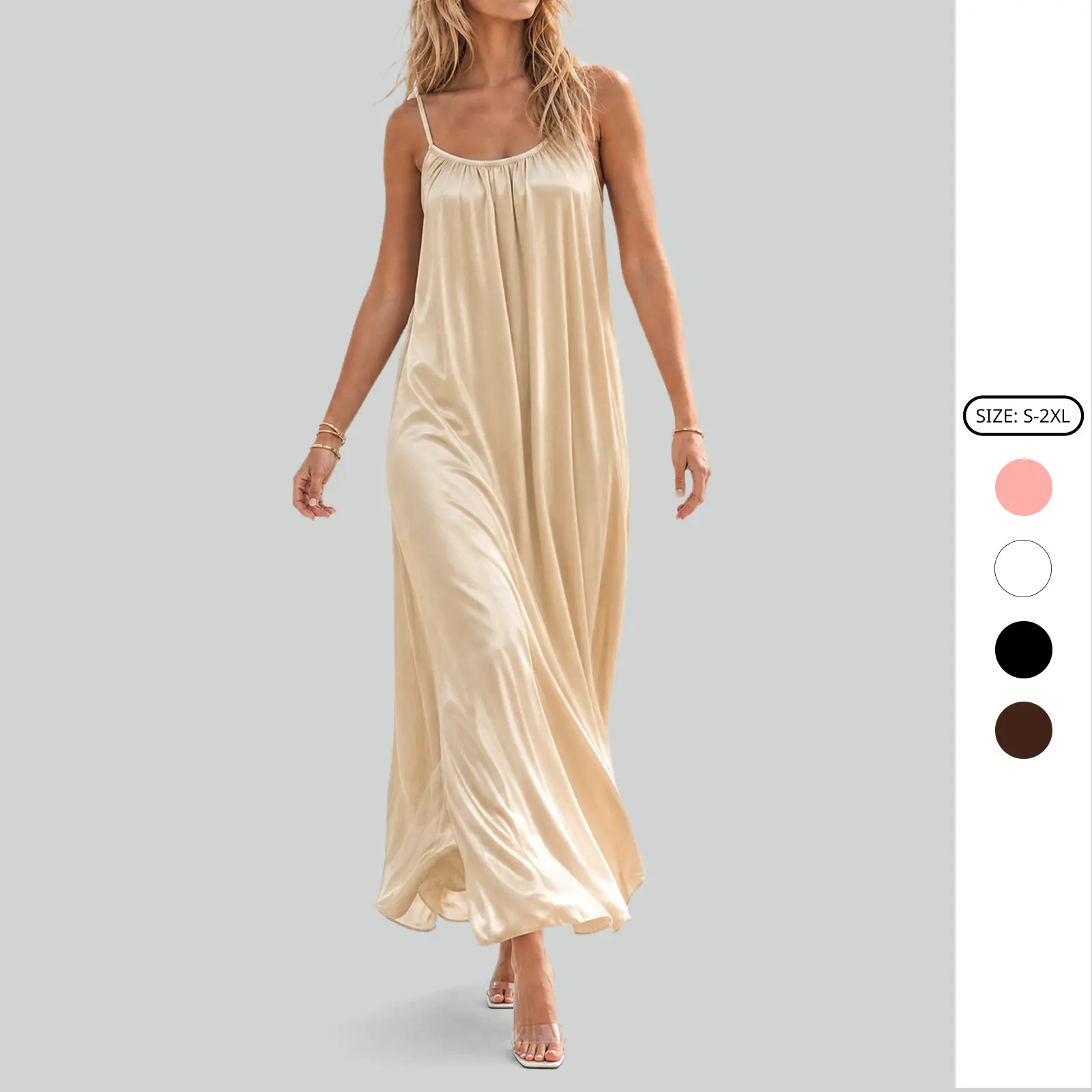 Imily Bela Women's Spaghetti Strap Maxi Satin Silk Dresses Slip Cowl Neck Party Cocktail Evening Nightgown Silky Dress