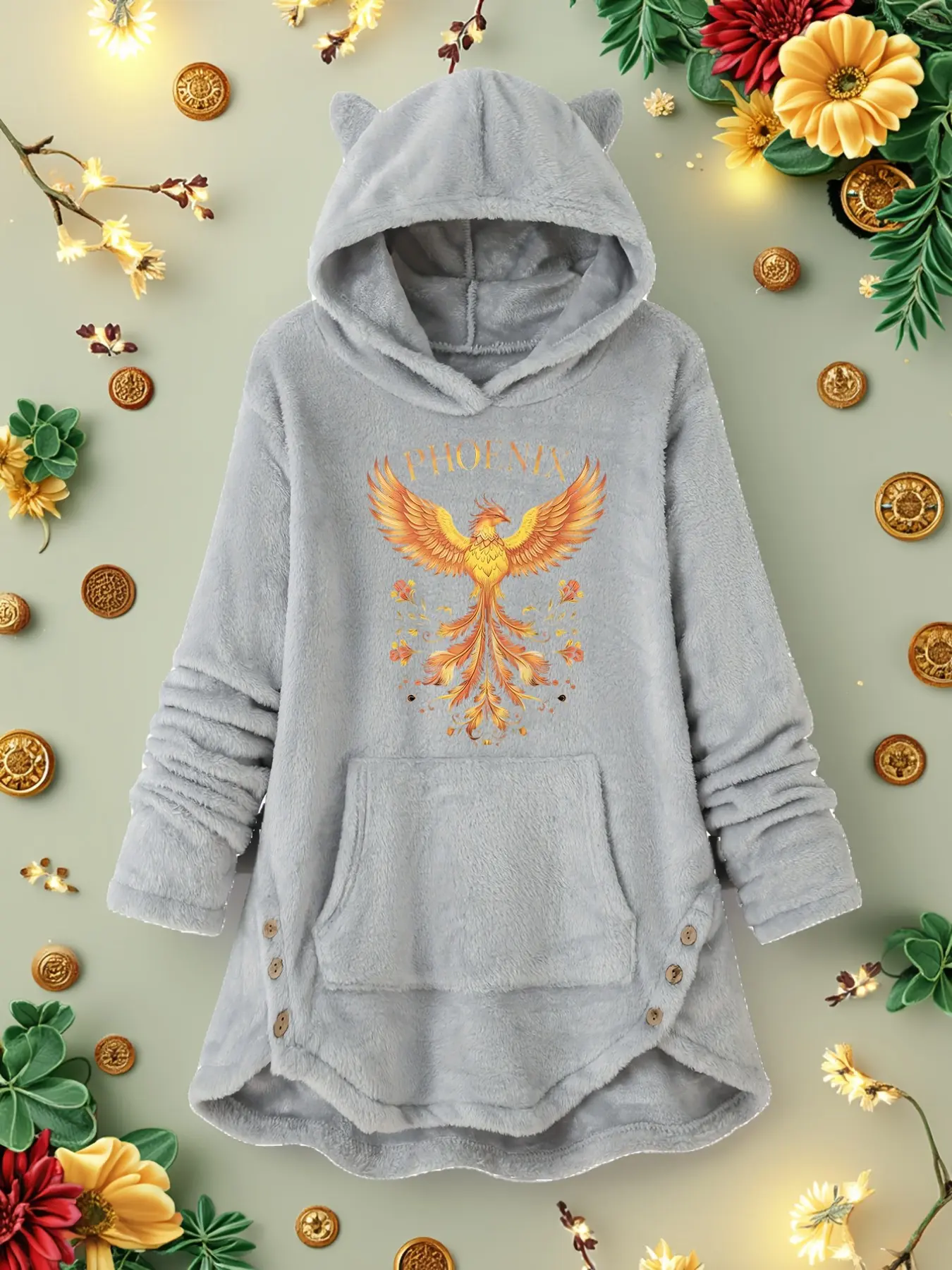 Y2K Retro Gold Phoenix Floral Print Fuzzy Robe for Women, Vintage Cat Ear Hooded Thick Coral Velvet Long Home Wear