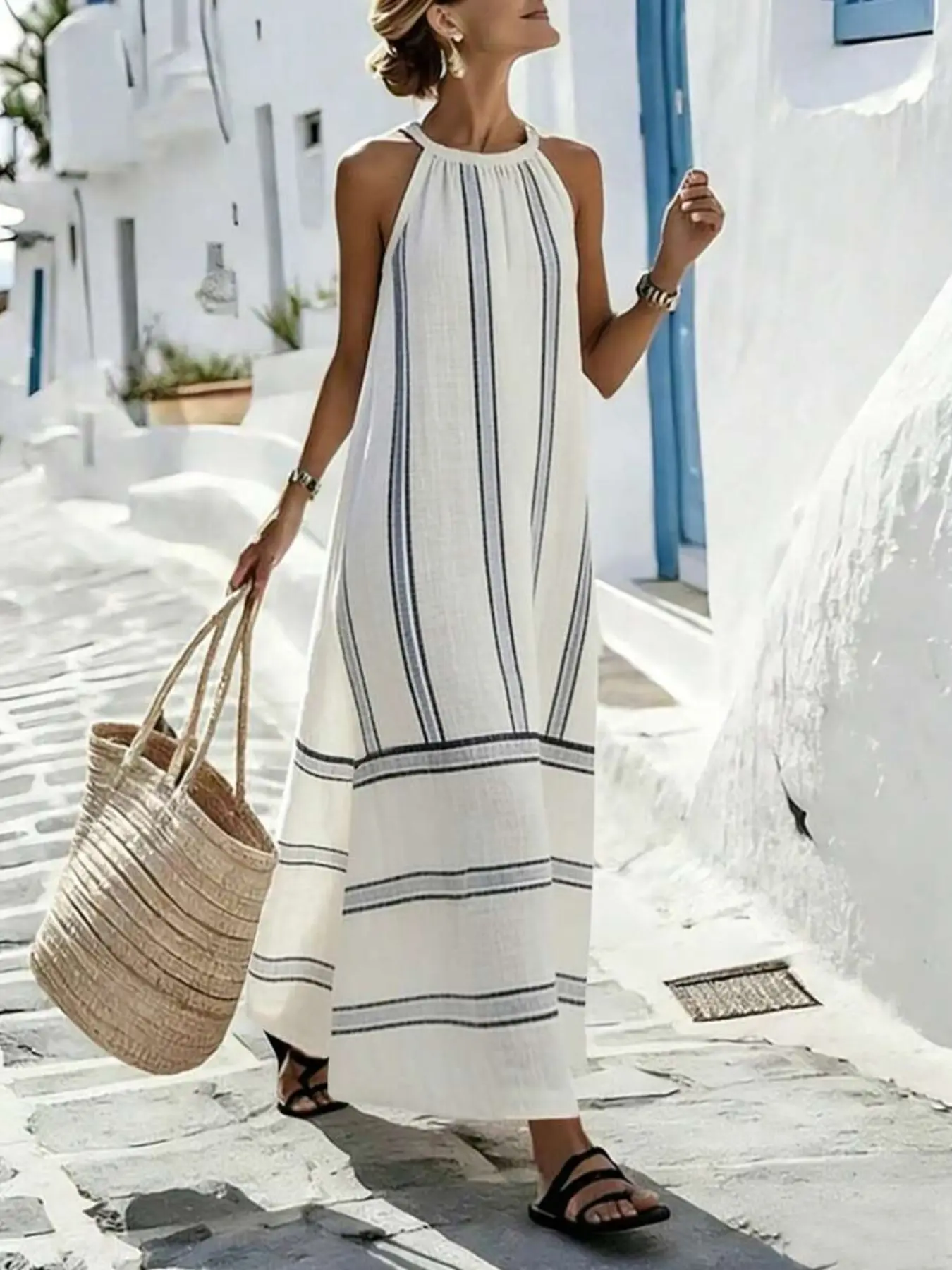 Women's Summer Casual Vacation Sleeveless Round Neck Halter Dress, Boho Beach Dress, Casual Boho Fashion, Loose-Fitting Striped Print, Unlined, Bohemian Style Dress