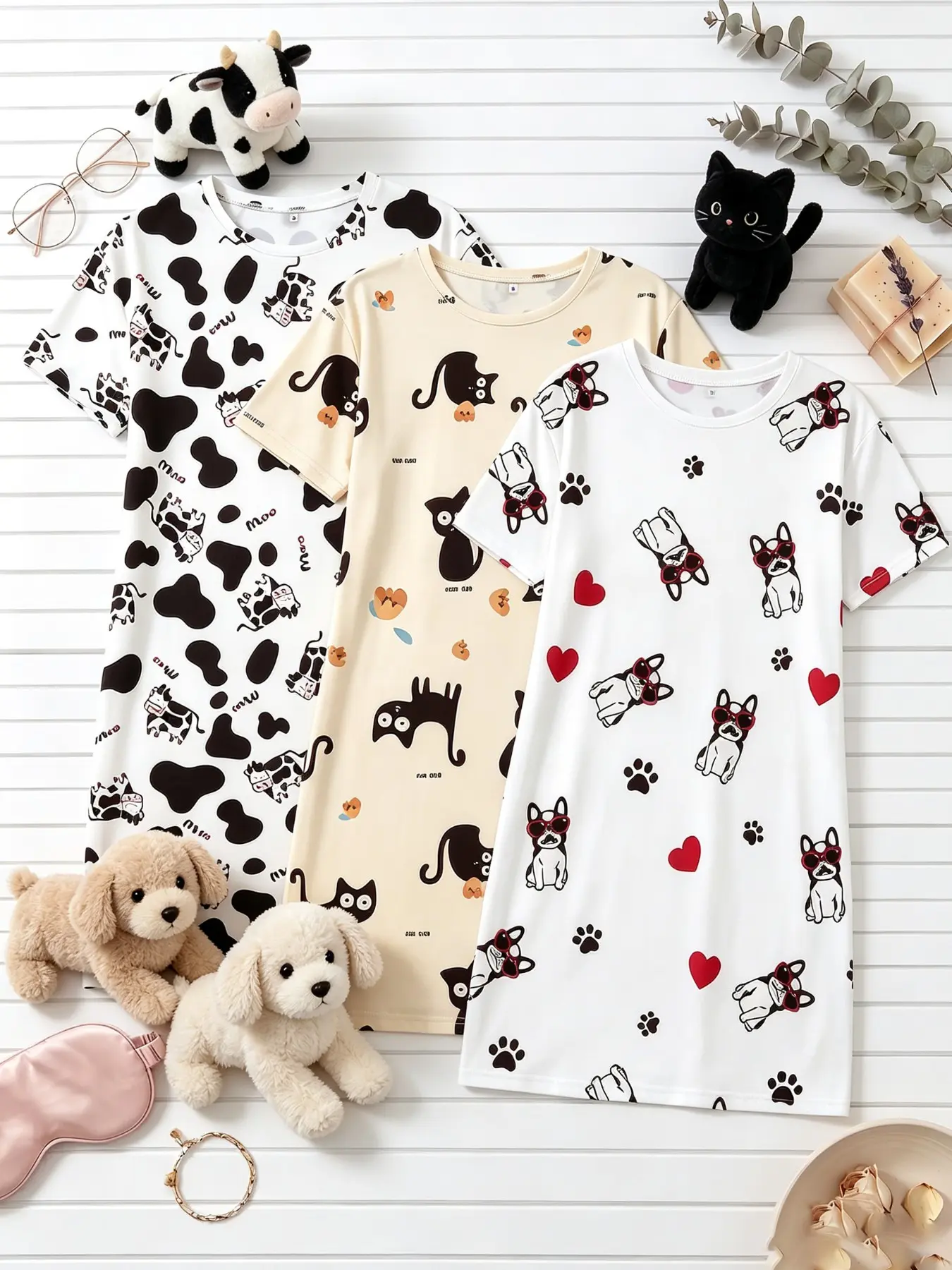 Women's Nightgowns 3 Pack Value Matching Set Cow Print Black Cat French Bulldog Heart Paw Print Summer Short Sleeve Crew Neck Soft Breathable Lightweight Stretchy Sleep Dress Home Lounge Casual Daily Wear Multipack Sleep Set Nightwear