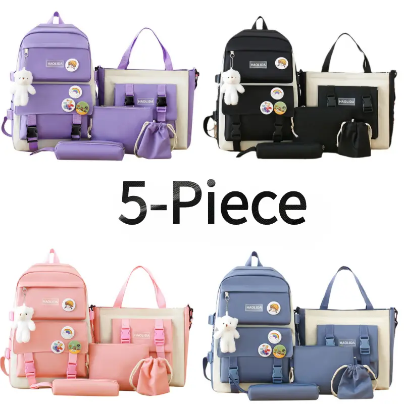Student 5-Piece Large Capacity Polyester Backpack Set - Korean Aesthetic Back to School Combo with Tote & Pouches