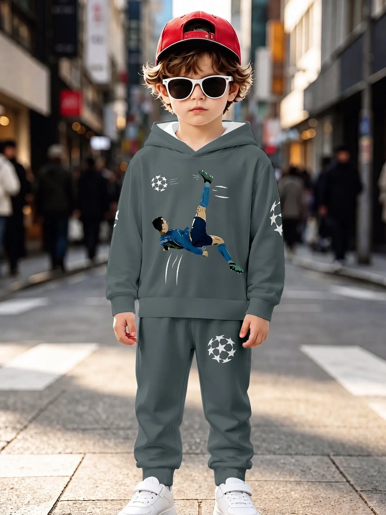 Boys' Hooded Sweatshirt Two-Piece Set, Casual Loose-Fit Long Sleeve Sweatpants, Fall & Winter Natural Waist All-Over Print