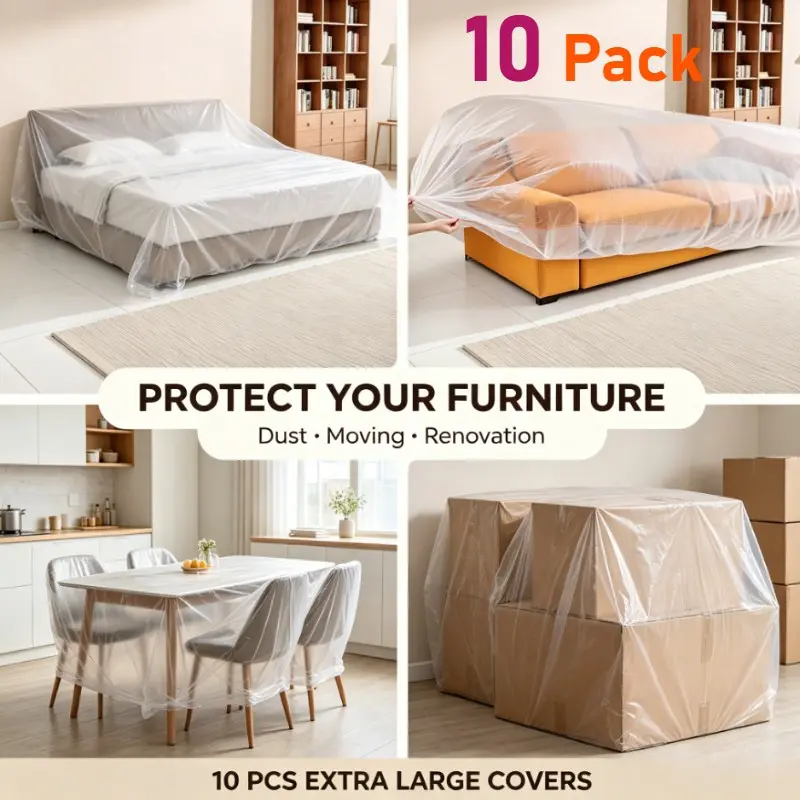 10-Pack Disposable Elastic Dust Covers, Large Sofa Furniture Protection, Furniture Protectors, Plastic Film for Renovation, Dustproof Sleeves for Dorms, Living Room, Moving, Cleaning