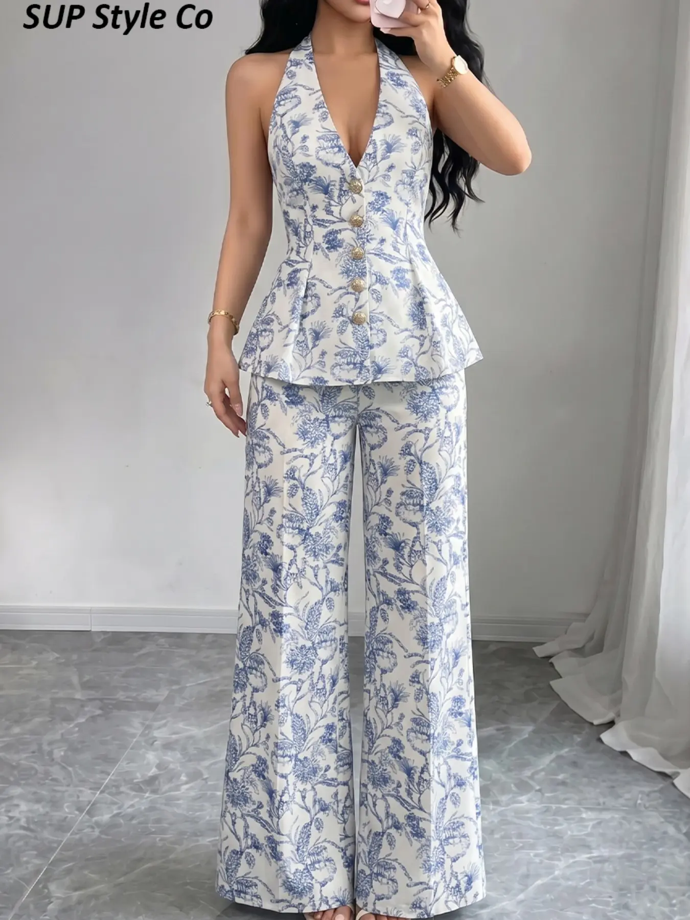Women's Plant Print Sleeveless Halter Peplum Top and Wide Leg Pants Matching Set, Feminine Casual Summer, Slim Fit, Solid Pattern, Perfect for Daily Wear