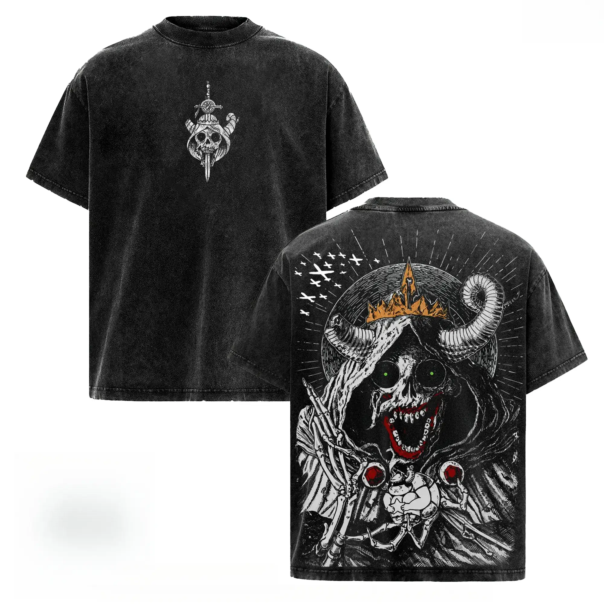 The Lich Adventure Time Vintage Washed Oversized T-Shirt, Dark Fantasy Cartoon Graphic , Double Printed Skull Demon Art, Heavy Cotton Streetwear, Unisex Retro Grunge Anime Style Shirt  humorous tshirt men distressed tee casual summer slogan