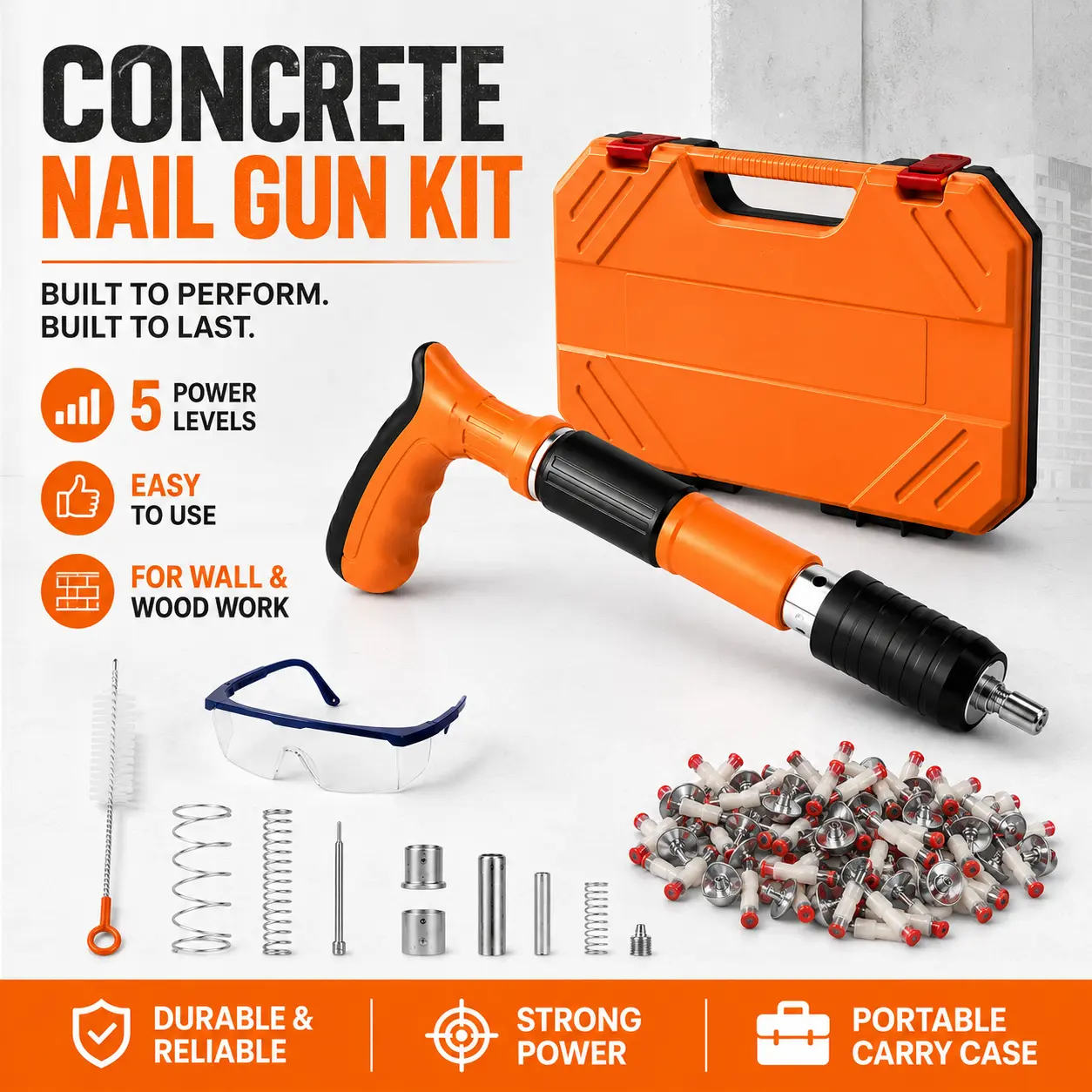 Heavy-Duty Manual Concrete Nail Gun Set with 5-Level Adjustable Force, Safety Gear, High-Efficiency Hardware Fastener for Concrete/Wood, Ideal for DIY Users’ Household Repairs & Construction Projects