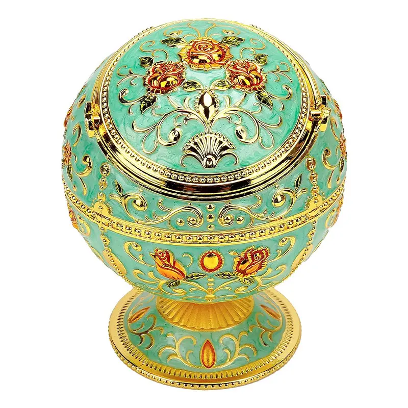 Vintage Enamel Ball Ashtray with Lid, Windproof Metal Cigar Ashtray, European Castle Rose Pattern, Decorative Home Bar Office Decor, Halloween Gift