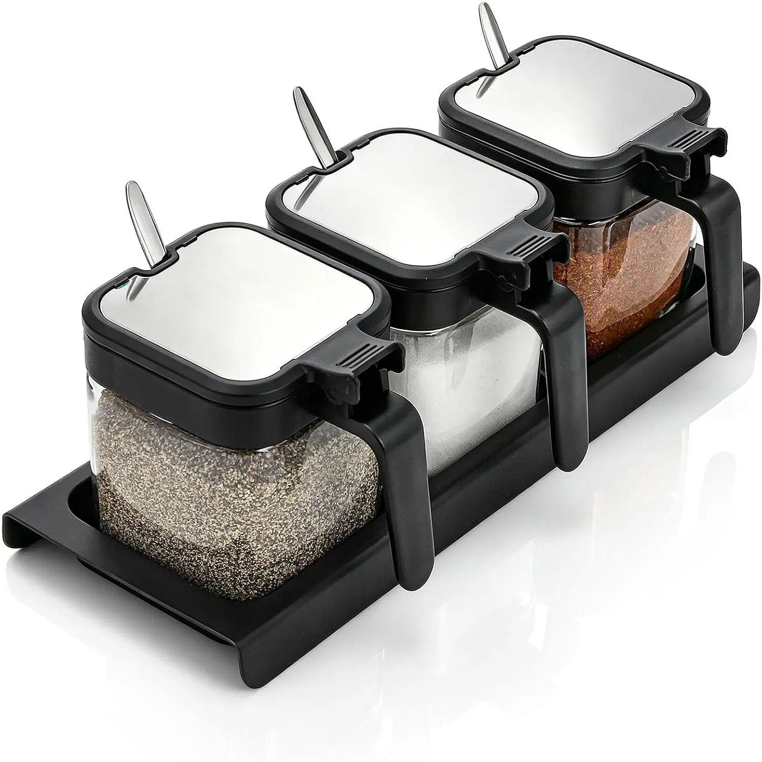 Set of 3 Condiment Jar  Container with  and Spoons, 10oz Clear Glass Seasoning Box with Tray, Salt Pepper Sugar Storage Container  Jar  for Kitchen, Counter