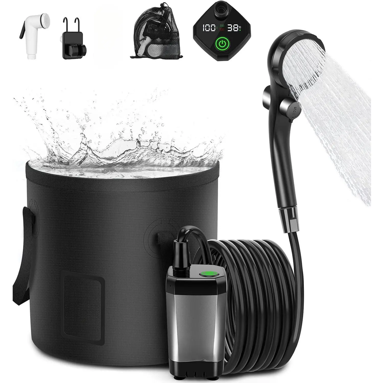 Portable Camping Shower, 6000mAh Rechargeable Shower Pump, Filtered Shower Head & 5 Gallons Foldable Bucket, Outdoor Shower for Hiking Beach, Travel, Pet Bath, Car Washing, Surf & Boat Cleaning