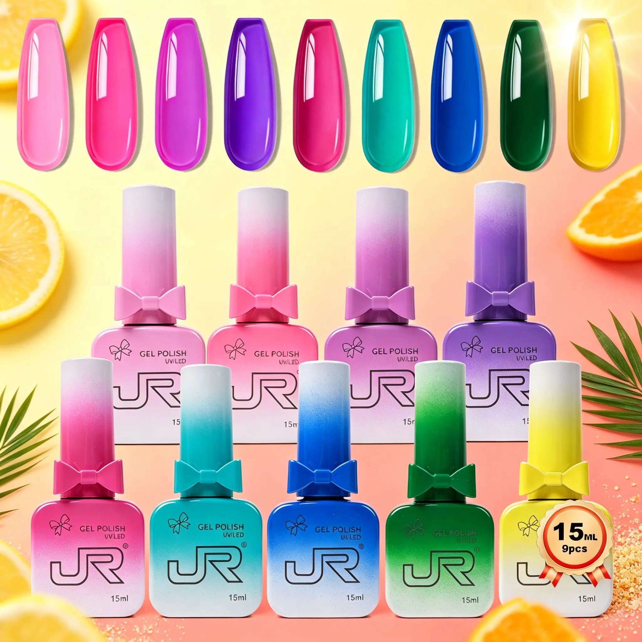 JR New colors Butterfly Bottle 9 Colors Summer Jelly Magic Glass color Gel Polish Set, Gel Nail Polish Sets, Gel Nail Kit Base Top Coat Soak off UV Home Salon Easter Gift for beginners women