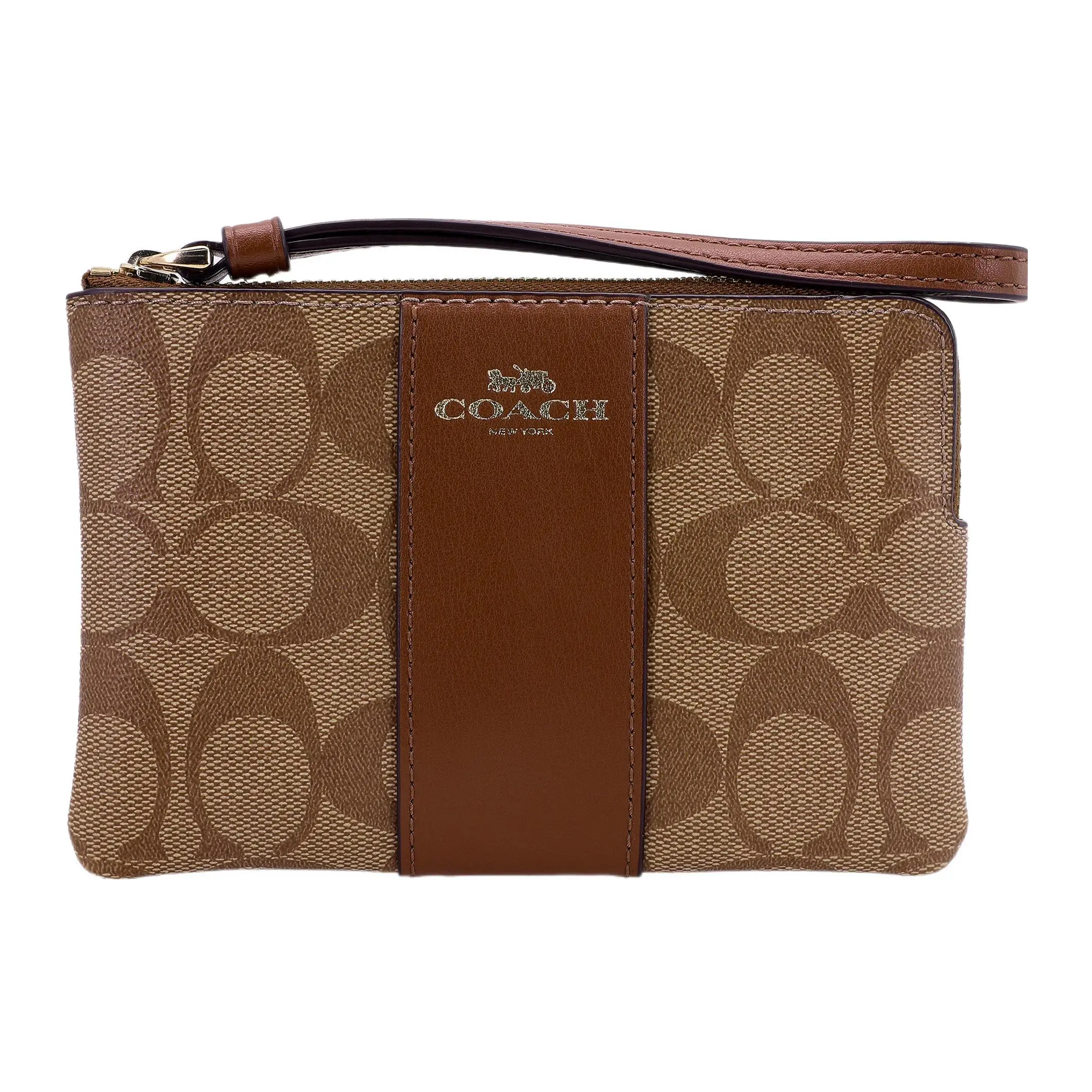 COACH Corner Zip 16 Wristlet Clutch Wallet for Women – Monogram Canvas with Leather Trim in Brown