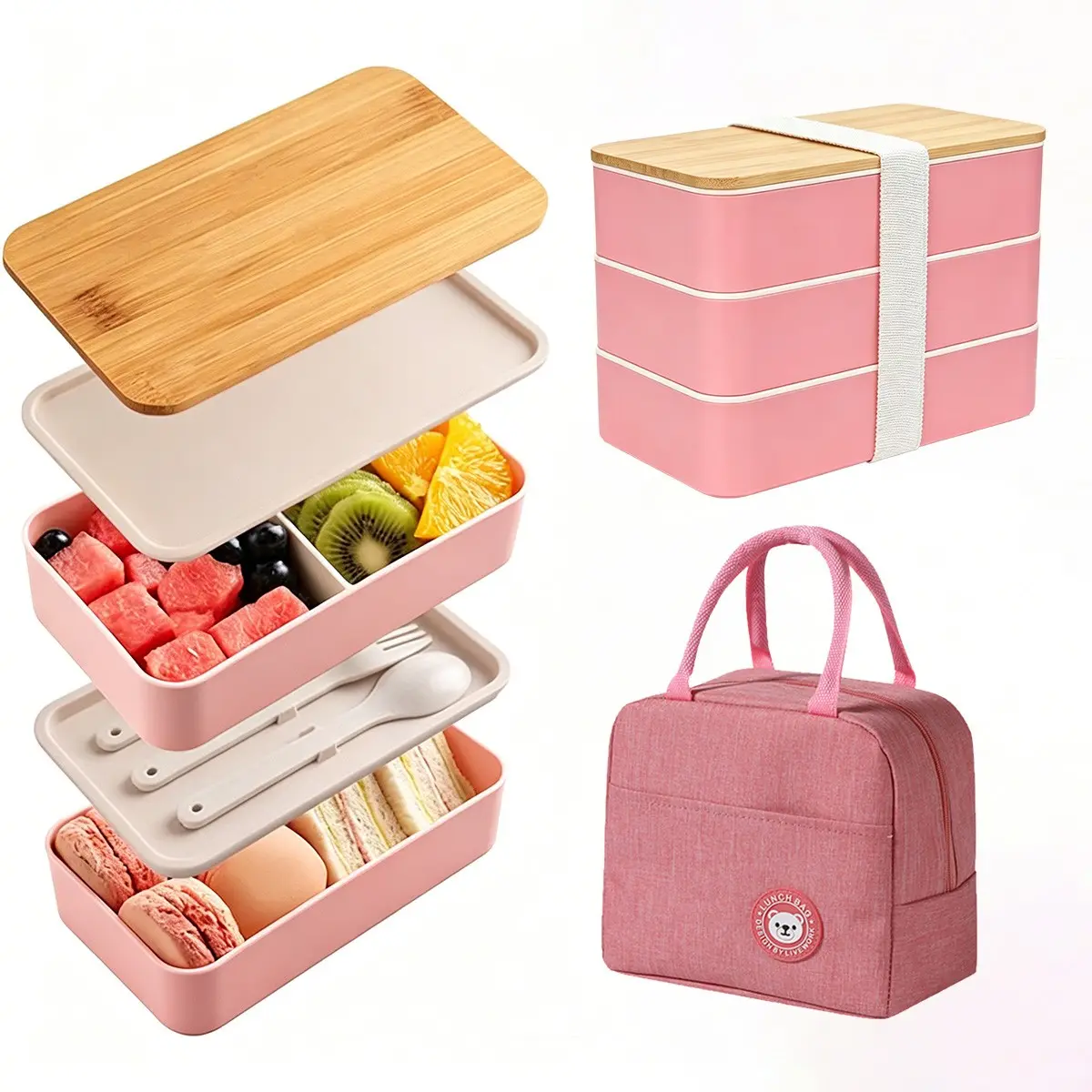 Three-Layer Bamboo Bento Box Set, Cute Japanese Lunchbox, Reusable, Microwave Safe, Easy Clean, Ideal for Office, School, Outdoor Picnic, Meal Prep Lunch Box