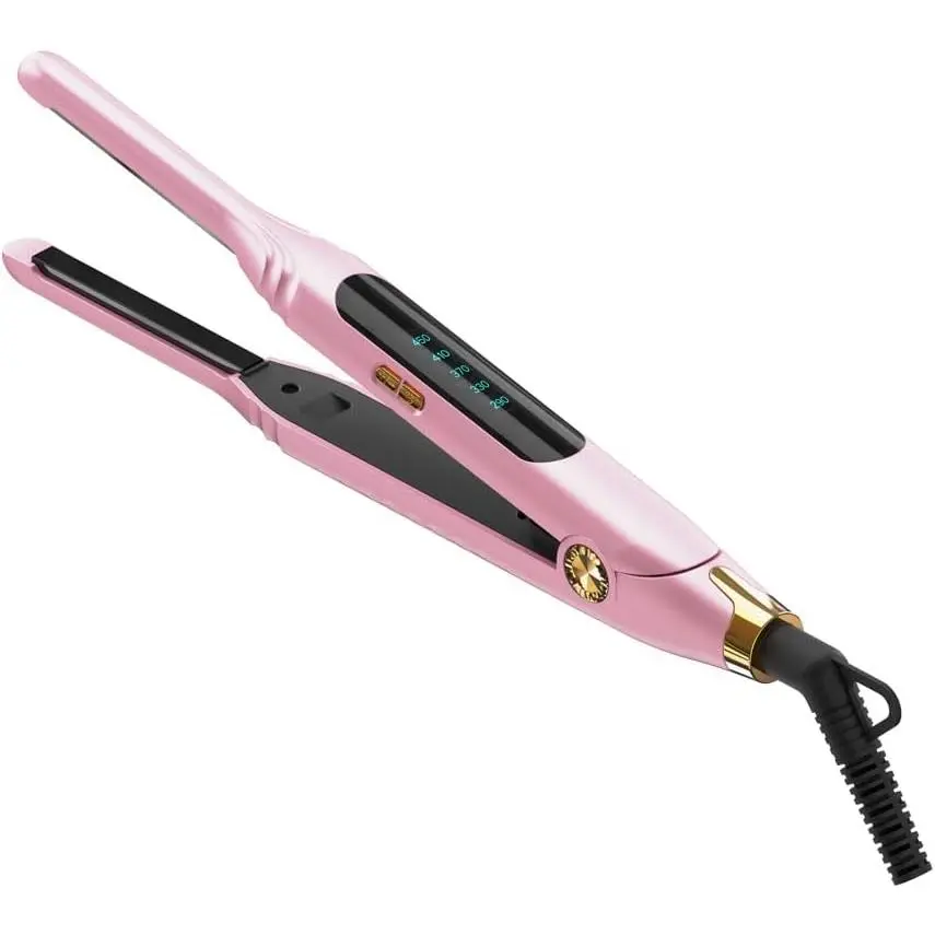 Mini Flat Irons for Short Hair,Pixie Cut & Bangs,Pencil Hair Straightener for Edges with LED Display,Small Hair Straightener with Dual Voltage,Ease to e and Fast 15 Second Heat up（Pink）