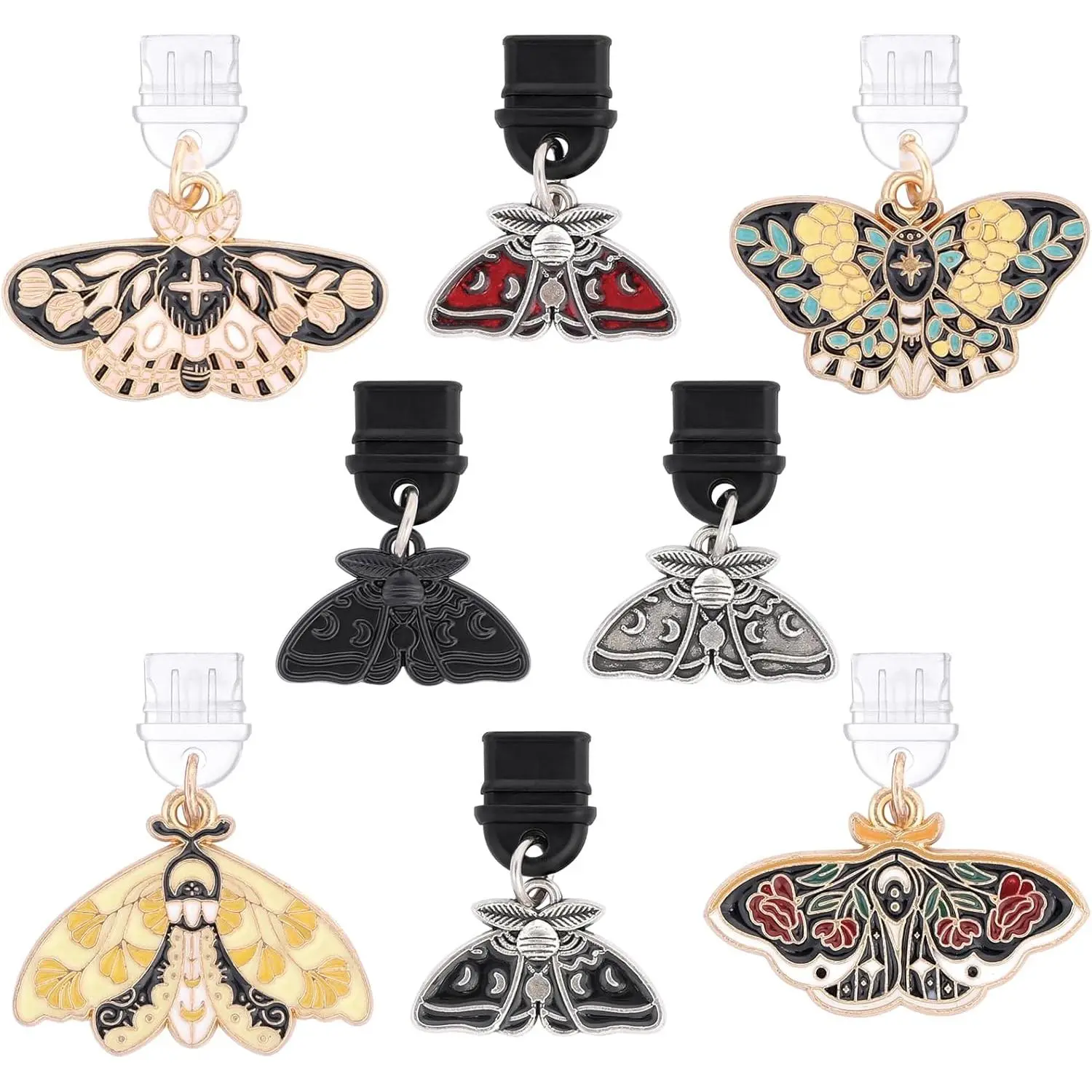 Floral Luna Moth Dust Plug Charms - 8 Pack Mystical Aesthetics Pendants Compatible with Kindle, Fantasy Bohemian Style  Port Protector for Type C/USB C Phone Charm Accessories