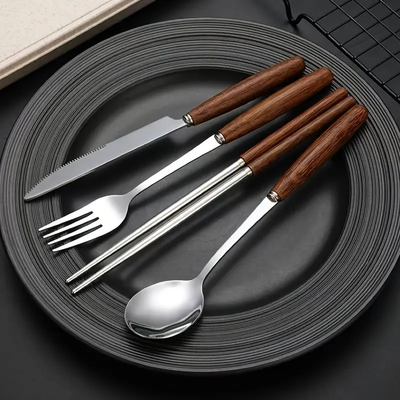 Chicken Wing Wood Handle Stainless Steel Knife Fork Spoon Chopsticks 4pcs Set, Solid Wood Handle Design, Reusable And More High-Quality, with Storage Box for Easy Storage, Suitable for Camping/office/school
