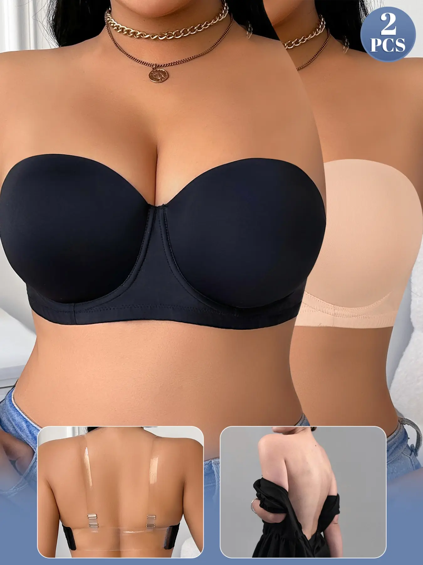 Women's Plus Size Seamless Medium Underwire Push-Up Backless Everyday Casual Bra, Underwear, strapless Multiway Anti‑sagging comfort Fit Bandeau Detachable Straps, Backless, off-shoulder Dresses Daily Wear