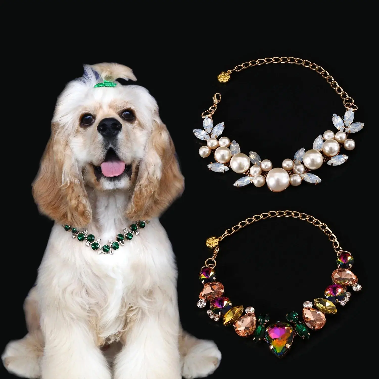 Pet Dog & Cat 1-Piece Rhinestone Gems Collar - Pearls Studded, Glinting, Wedding Look Costume Accessory, All Seasons Photo Prop, Costume Wear