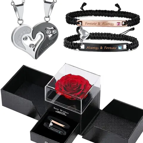4 Piece Couple Bracelet Necklace Set, Matching Jewelry Set, Magnetic Couples Jewelry Gift, Perfect Christmas Gift Anniversary Birthday Present for Him Her, Jewellery Gift Set
