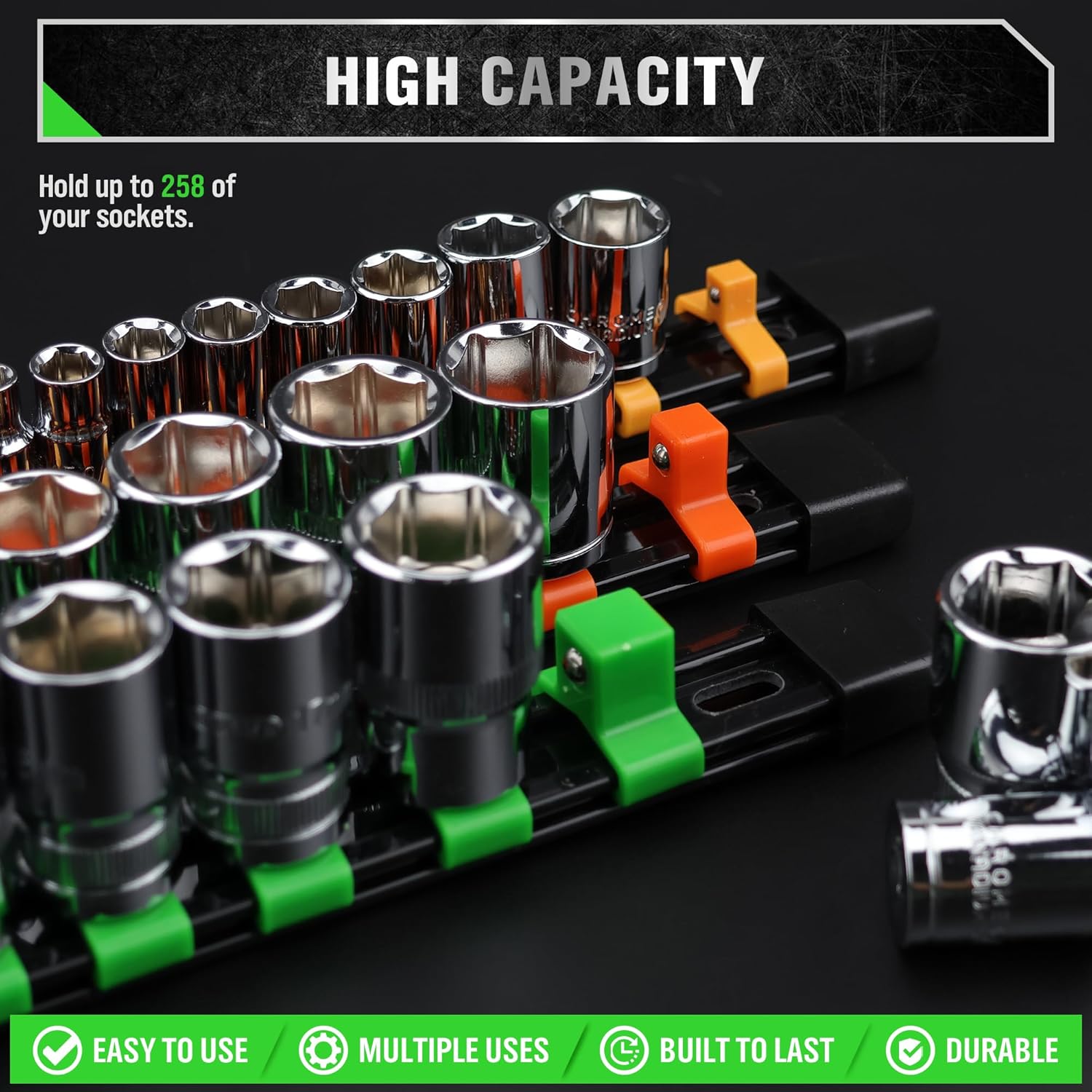 Socket Organizer Set 18-, 1/4-Inch x 96 Clips, 3/8-Inch x 90 Clips, 1/2-Inch x 72 Clips, Socket Organizer for Tool Box Drawer, Drive Socket Trays, Socket Holder Clip Rail