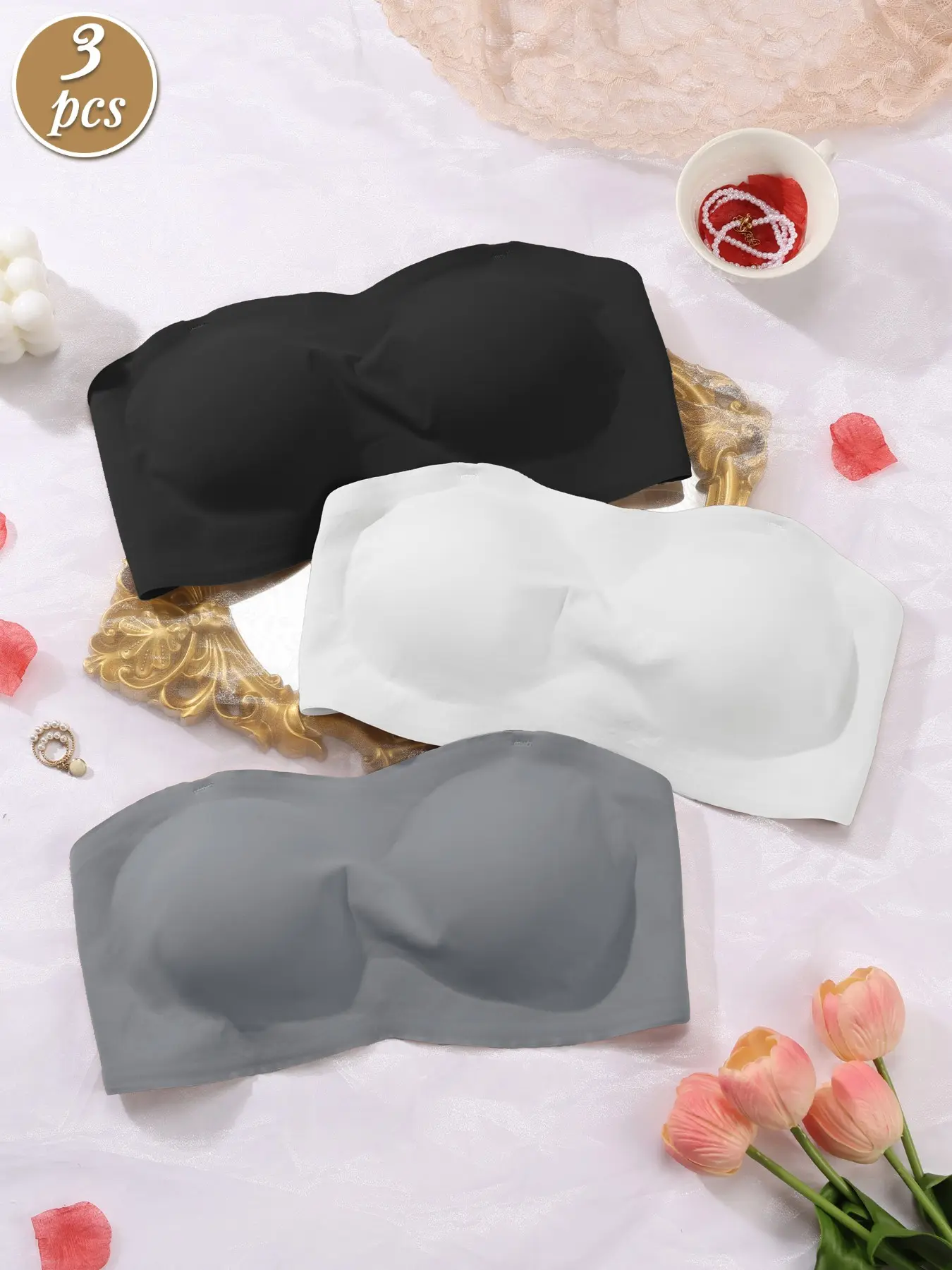 3 Pack Strapless Jelly Bandeau Bra. With Anti-Slip Silicone Tape Stay Put, 3-Row Hook Adjustable, Jelly Soft Support Side Breast Control, Seamless Smooth, Perfect For Daily Wear