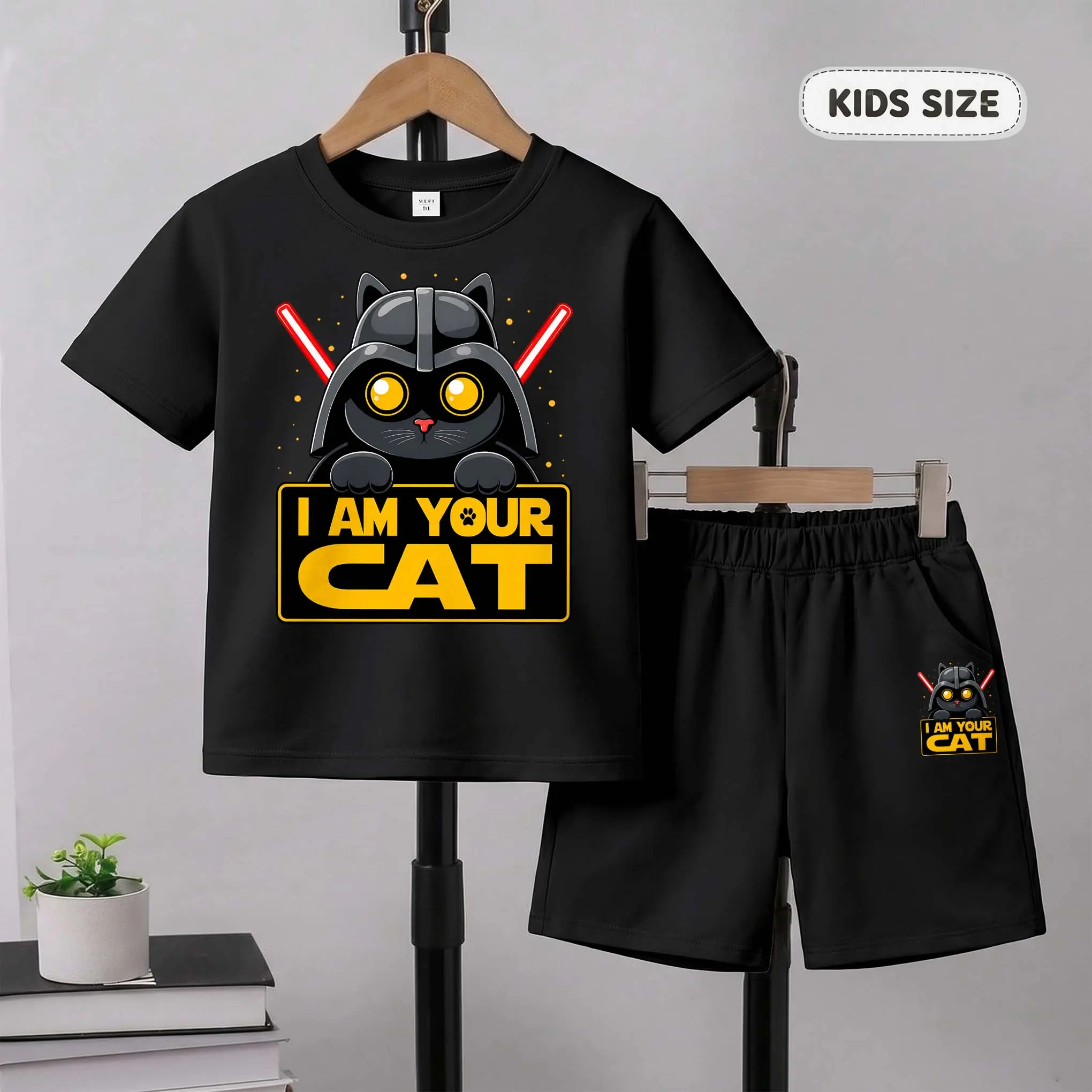 Kids’ I Am Your Cat  Print Short-Sleeve T-Shirt And Shorts Set—Casual Summer Kids' Clothing. This Round-Neck Outfit Combination Is Perfect For Everyday Wear And Outdoor Play.