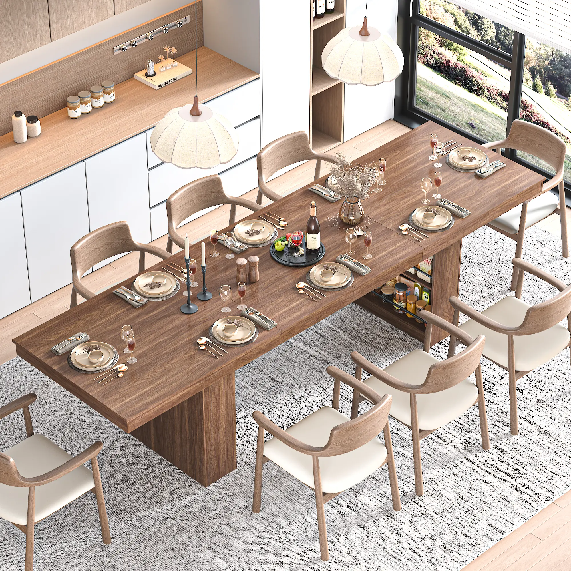Extendable Dining Table with Storage Base, Modern Walnut Wood Table for Family Dinner & Gatherings, Expandable Kitchen Table for 4-8 People Extension Dining Table Dining Room Furniture