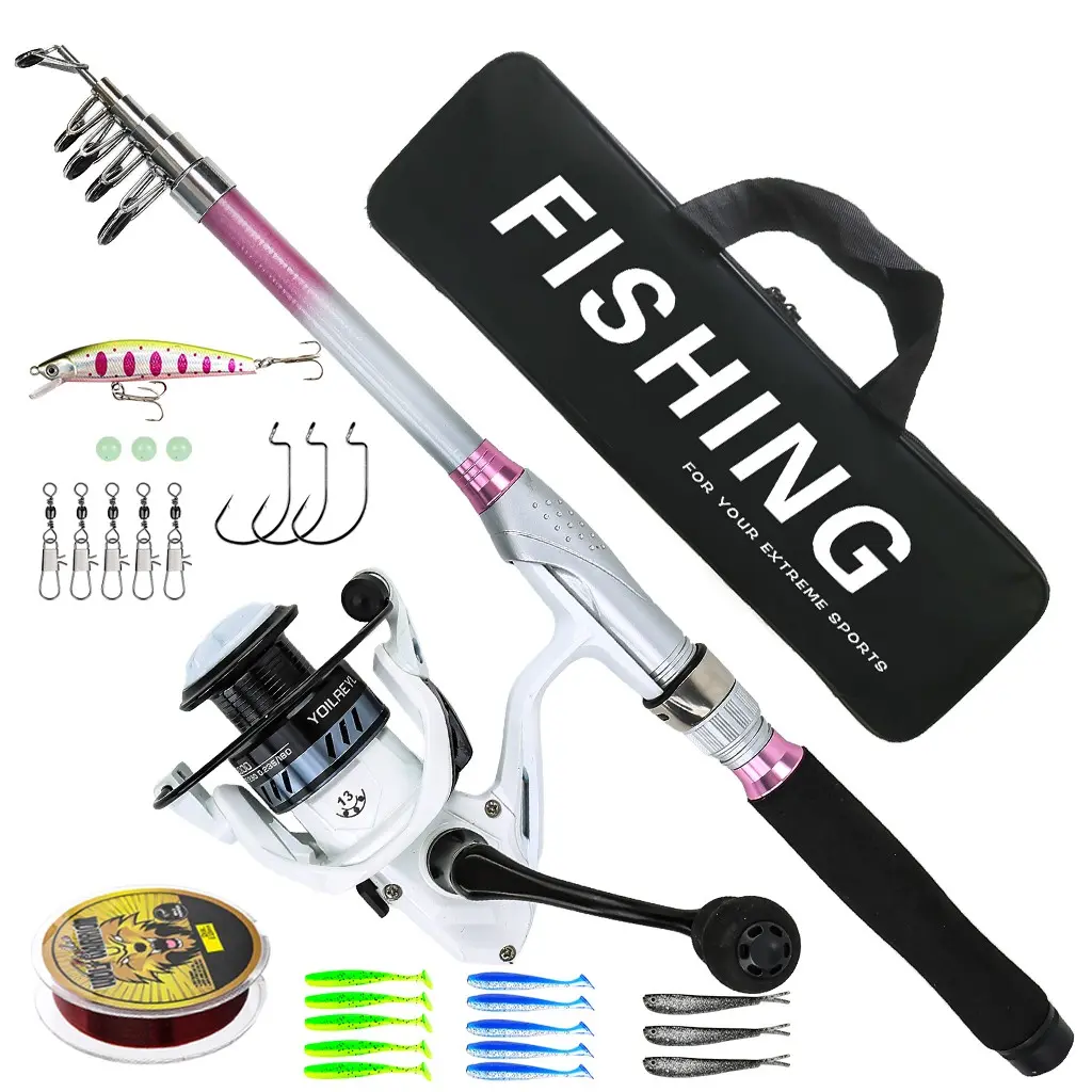 1 Set 1.8m Portable Telescopic Spinning Fishing Rod Combo with YW2000 Spinning Reel, Pre-Spooled Fishing Line, Complete Tackle Kit and Black Carry Bag, Freshwater and Saltwater Fishing Gear for Lake, River, Pond and Inshore Shore Angling