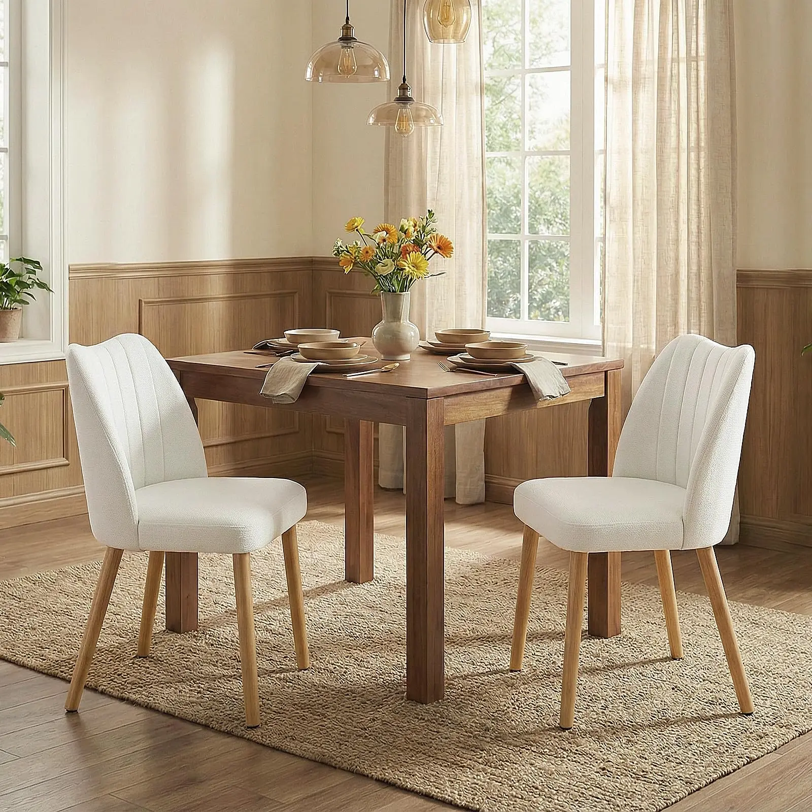 GARVEE Wooden Dining Chairs Set of 2, Dining Room Chairs with Wood Legs, Upholstered Dining Chairs Modern Fabric Kitchen Chairs with Back for Kitchen/Living Room/Restaurant, Tool-Free Assembly, White