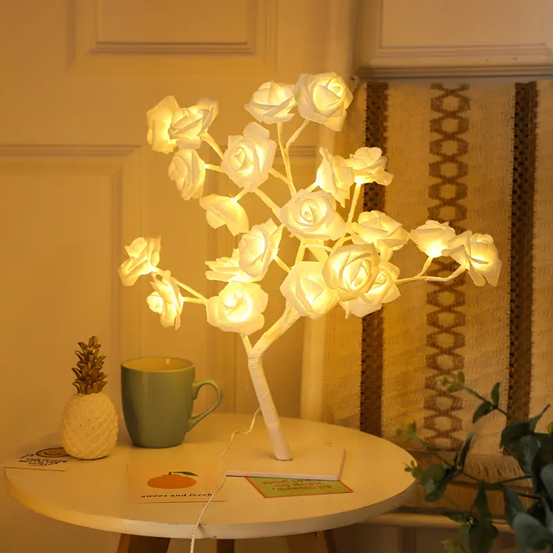 Rose Tree Lamp USB Powered LED String Lights Detachable Plastic Base Decorative Night Light for Bedroom Party Festival Decoration